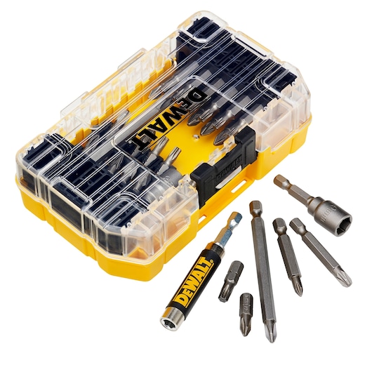 DEWALT DT70702 screwdriver bit set in a yellow case, with several bits and a holder displayed outside.