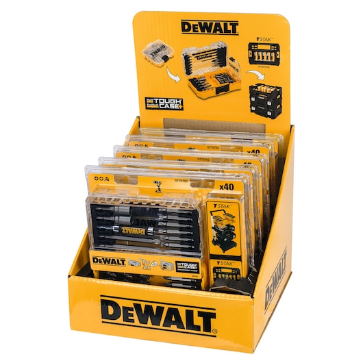 DEWALT DT70702 drill bit sets in yellow display box with branded packaging, suitable for tool storage and organization.