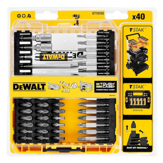 DEWALT DT70702 set with 40 screwdriver bits in a yellow Tough Case, shown in organized compartments.