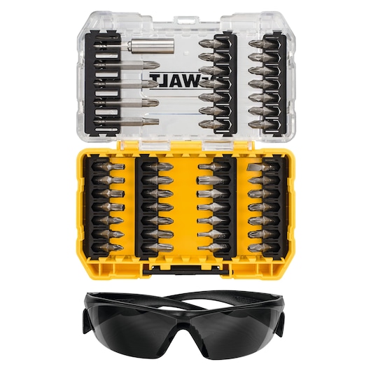 DEWALT bit set in a yellow case with clear lid, shown with black safety glasses below.
