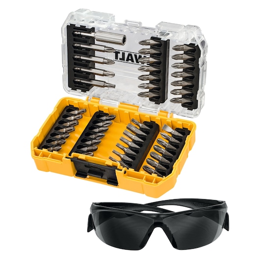 DEWALT yellow case with drill bits and black safety glasses, both shown together.