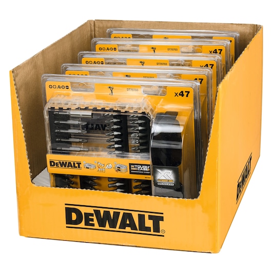 DEWALT DT70703 display box with multiple sets of drill bits and accessories, packaged in yellow cases.