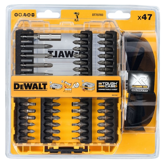 DEWALT DT70703 set with 47 screwdriver bits in yellow plastic case, Tough Case+ connectable storage.