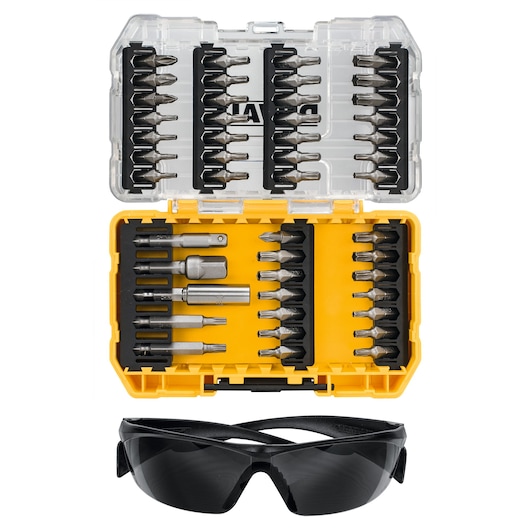 DEWALT DT70704 kit with screwdriver bits in a yellow box and safety glasses below.