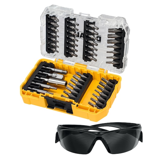 DEWALT bit set in yellow case with transparent lid, plus black safety glasses below.