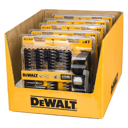 DEWALT DT70704 drill bit sets displayed in a yellow branded box for retail or storage use.
