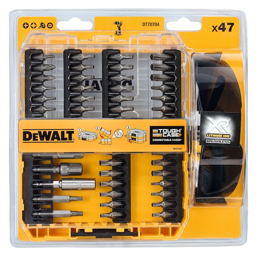 DEWALT DT70704 set with 47 screwdriver bits and accessories in a yellow connectable storage case.