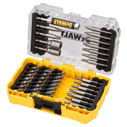 DEWALT DT70705 set with multiple screwdriver bits and accessories in a yellow and clear plastic carrying case.