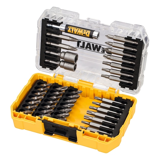 DEWALT DT70705 drill and screwdriver bit set in a yellow plastic storage case, assorted bits organized inside.