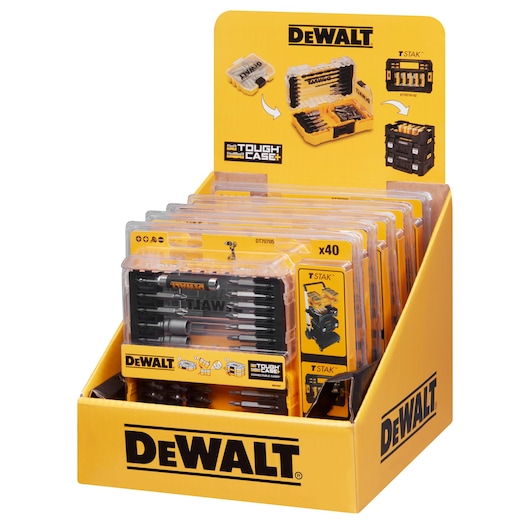 DEWALT DT70705 display box with multiple Tough Case drill bit sets packed in clear plastic cases.