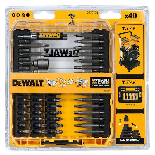 DEWALT DT70705 set with 40 assorted drill and screwdriver bits in a yellow tough case.