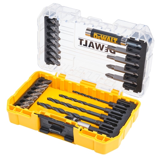 DEWALT DT70708 yellow case with assorted drill bits and screwdriver bits for various tasks.