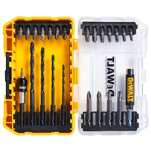 DEWALT DT70708 drill and screwdriver bit set in a yellow and clear plastic storage case.
