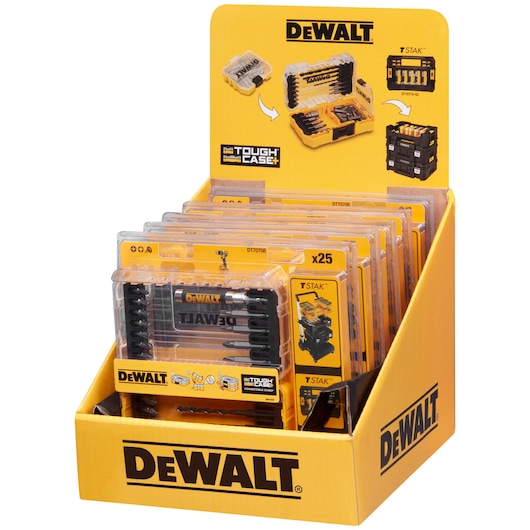 DEWALT DT70708 drill bit set display in a yellow box with Tough Case+ packaging, designed for easy selection.