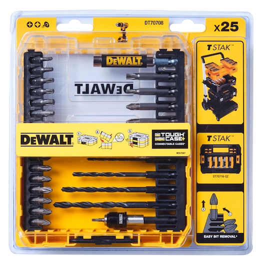 DEWALT DT70708 drill and screwdriver bit set, 25 pieces, in a yellow Tough Case for tool storage.