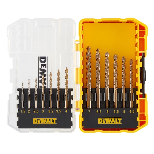 DEWALT DT70710 drill bit set in yellow case, showing ten bits of various sizes with size markings.