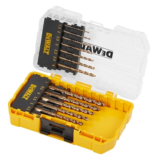DEWALT drill bit set with various sizes in a yellow plastic storage case with clear lid.