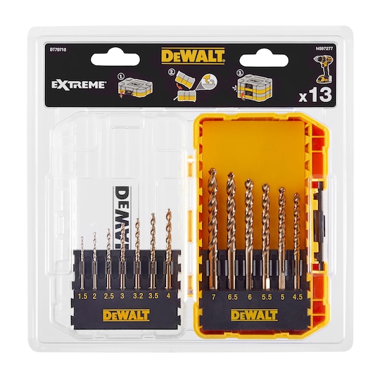 DEWALT DT70710 set of 13 metal drill bits in a yellow and black storage case, sizes labeled on holders.