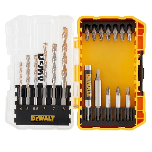 DEWALT DT70712 set with drill bits and screwdriver bits in a yellow plastic case.