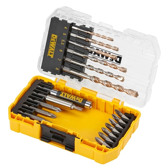 DEWALT drill and screwdriver bit set in a yellow plastic case with clear lid, various sizes included.