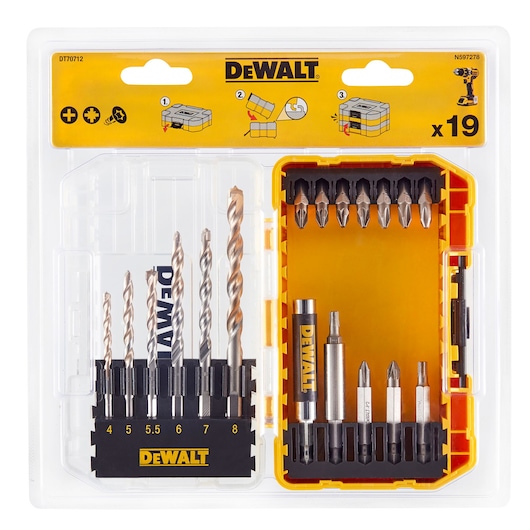 DEWALT DT70712 set of 19 drill and screwdriver bits in a yellow and black case, displayed in packaging.