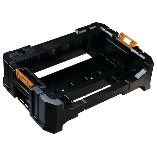 Black DEWALT DT70716 storage tray with orange clips, used for organizing tools and accessories.