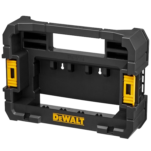 Black and yellow DEWALT Tough Case storage frame for organizing and mounting tool accessory cases.
