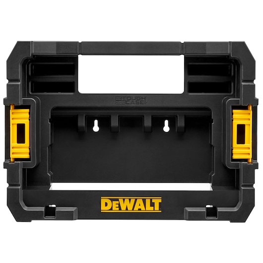 DEWALT black plastic Tough Case holder with yellow accents and DEWALT logo, front view.