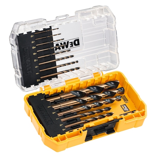 DEWALT drill bit set in a yellow plastic case with clear lid, showing multiple sizes organized inside.