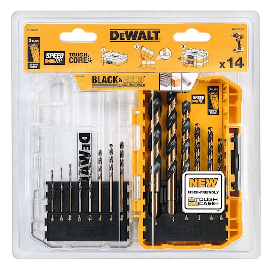 DEWALT DT70727 Black & Gold drill bit set, 14 pieces in a plastic case, suitable for various materials.