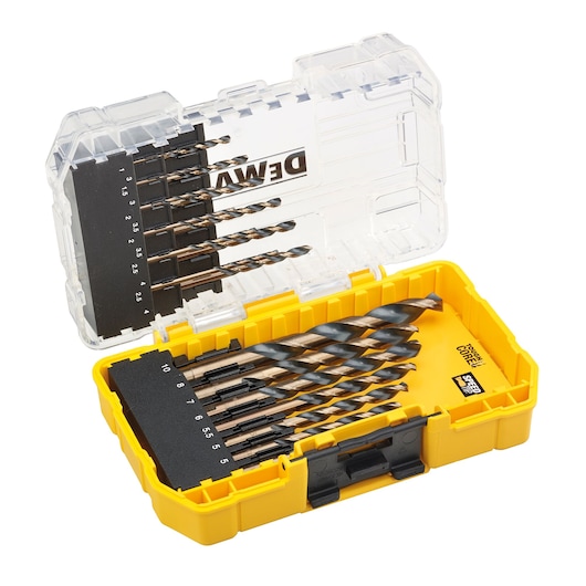 DEWALT drill bit set in a yellow plastic case with clear lid. Multiple sizes of bits are neatly arranged inside.