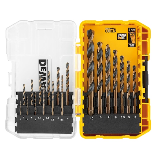DEWALT drill bit set in a yellow and clear case with multiple sizes displayed and labeled for easy selection.