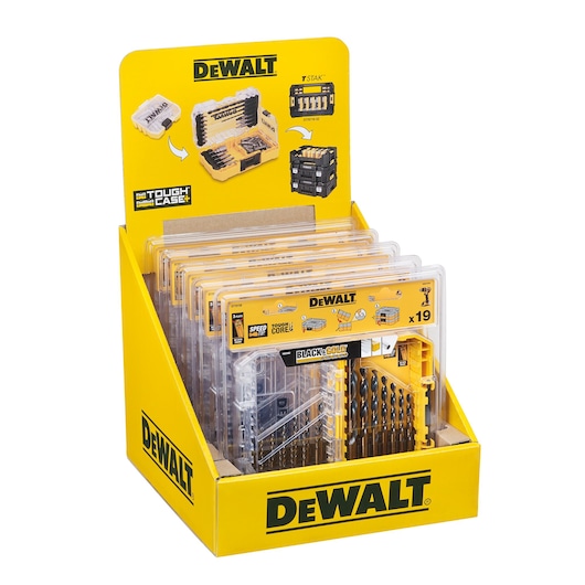 DEWALT drill bit set packs in yellow display box, labeled Tough Case, for retail presentation.