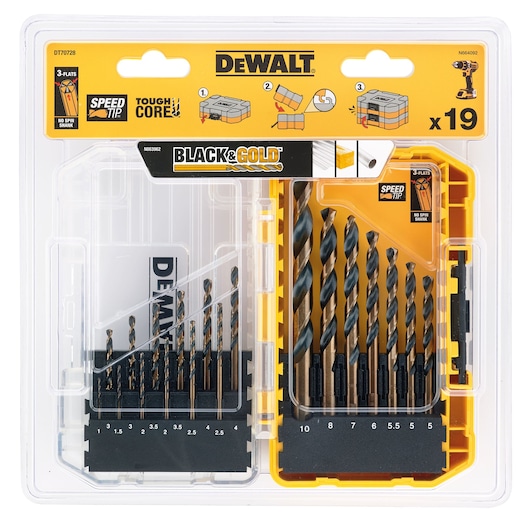 DEWALT DT70728 Black & Gold drill bit set, 19 pieces, in hard plastic case with labeled compartments.