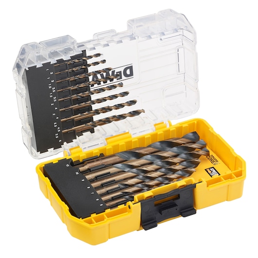 DEWALT drill bit set in a yellow plastic case with clear lid. Multiple sizes are arranged inside for easy access.