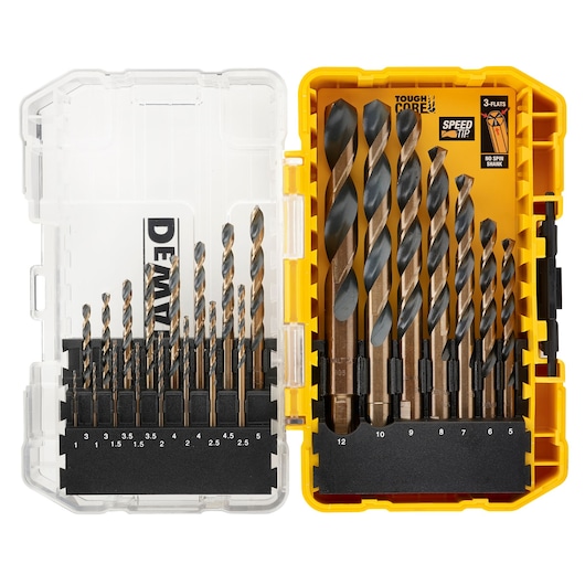 DEWALT drill bit set in a yellow case, with assorted sizes organized in slots and clear lid.