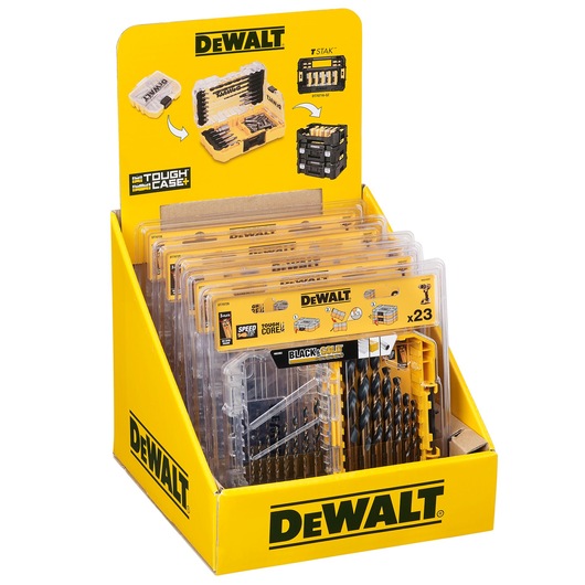 DEWALT drill bit sets displayed in a yellow cardboard stand for retail presentation.