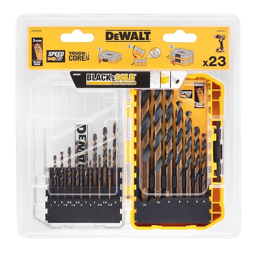 DEWALT DT70729 set of 23 Black & Gold drill bits in a clear plastic storage case.