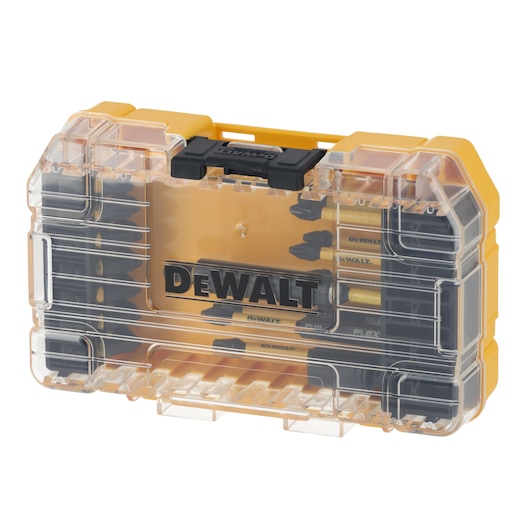 DEWALT bit set in a yellow and clear plastic case with visible branded bits inside.