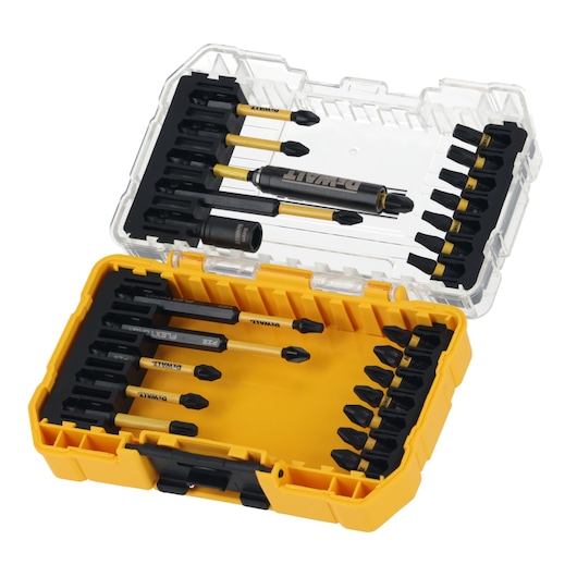 DEWALT DT70730T set with screwdriver bits in a yellow plastic case, shown open with various bit sizes.