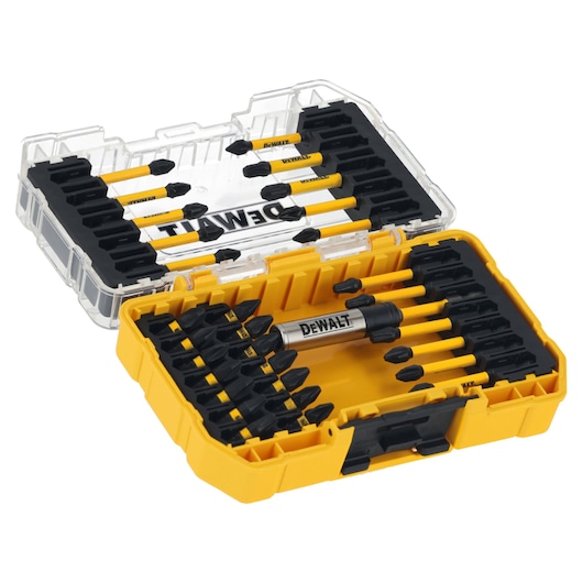 DEWALT yellow case with assorted drill bits and a bit holder, neatly organized inside with clear lid.