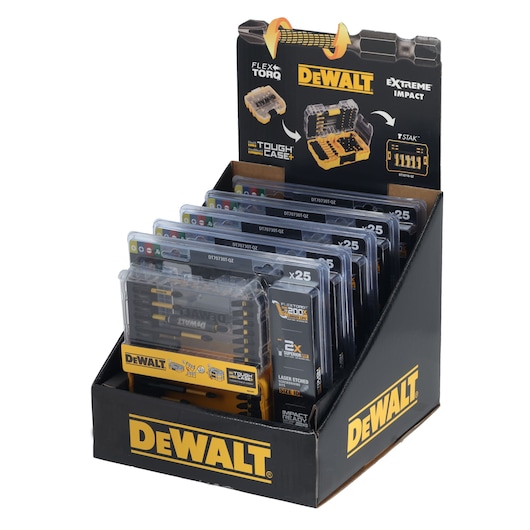 DEWALT DT70730T display box with multiple sets of drill bits in plastic cases, arranged for retail presentation.