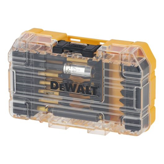 DEWALT DT70731T set with assorted screwdriver bits in a transparent yellow plastic case.