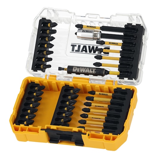 DEWALT DT70731T bit set in a yellow case with multiple screwdriver bits and holders.