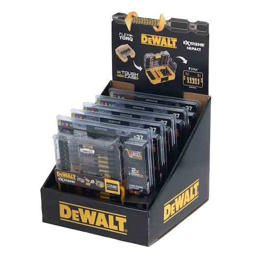 DEWALT DT70731T display box with multiple drill bit sets in clear cases. Branding and product info visible.