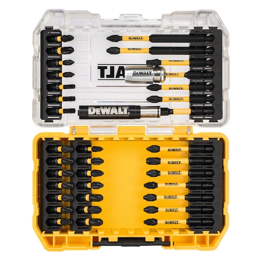 DEWALT DT70731T screwdriver bit set in an open yellow and clear plastic case, various bits and holders organized inside.