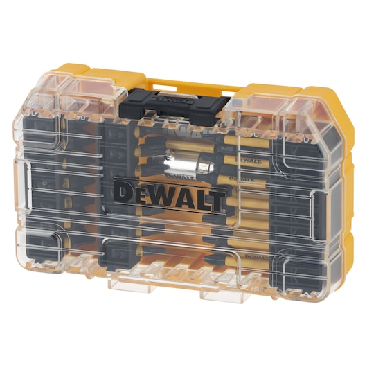 DEWALT DT70732T photography bit set in a yellow and clear plastic case, showing contents and DEWALT branding.