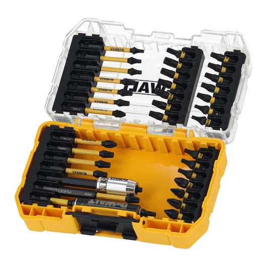 DEWALT yellow case with assorted screwdriver bits and holder, neatly organized for tool storage and transport.
