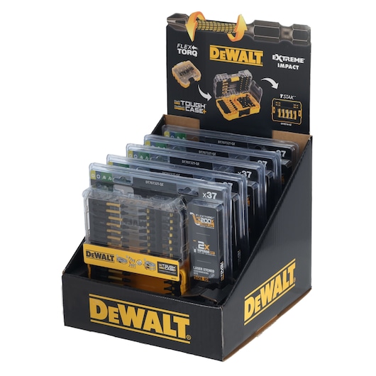 DEWALT DT70732T display box with multiple sets of drill and impact driver bits in clear plastic cases.