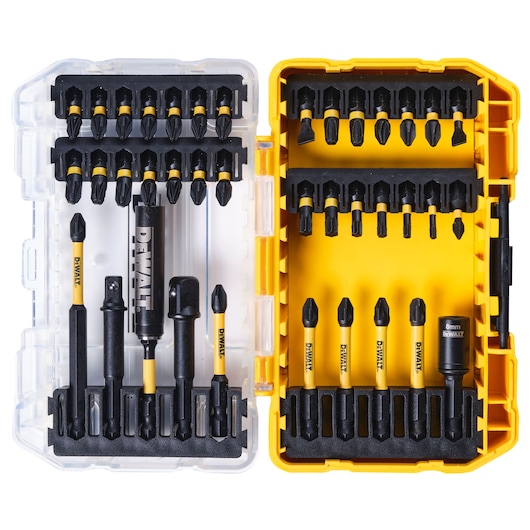 DEWALT DT70740T bit set in a yellow plastic box with assorted screwdriver bits and sockets.